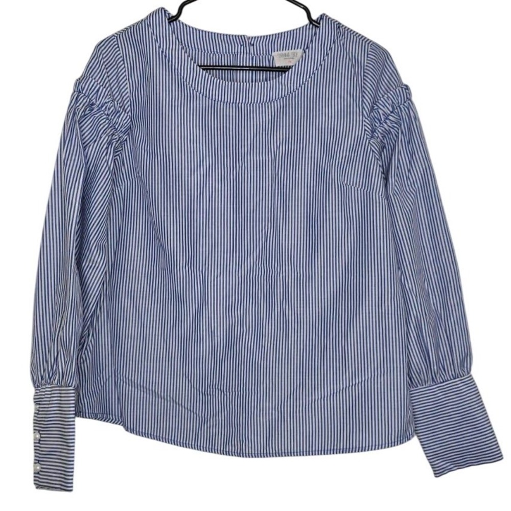 Blue White Striped Puff Shoulder, Pearl Button Back Blouse, Cottage Core, Preppy